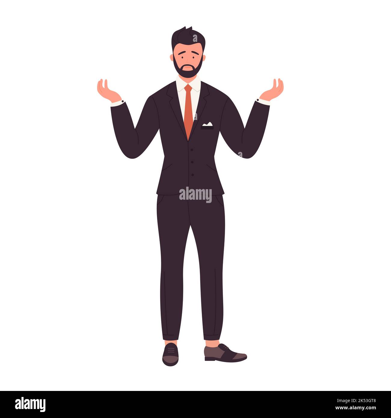 Confused standing businessman. Perplexed manager with raised hands vector illustration Stock Vector