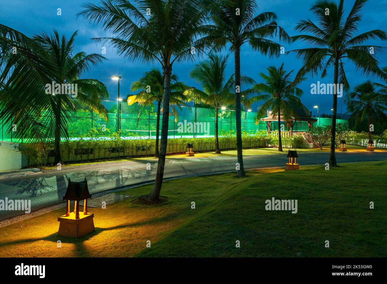 Tennis court and Thai sala architecture at a hotel marina in Phuket