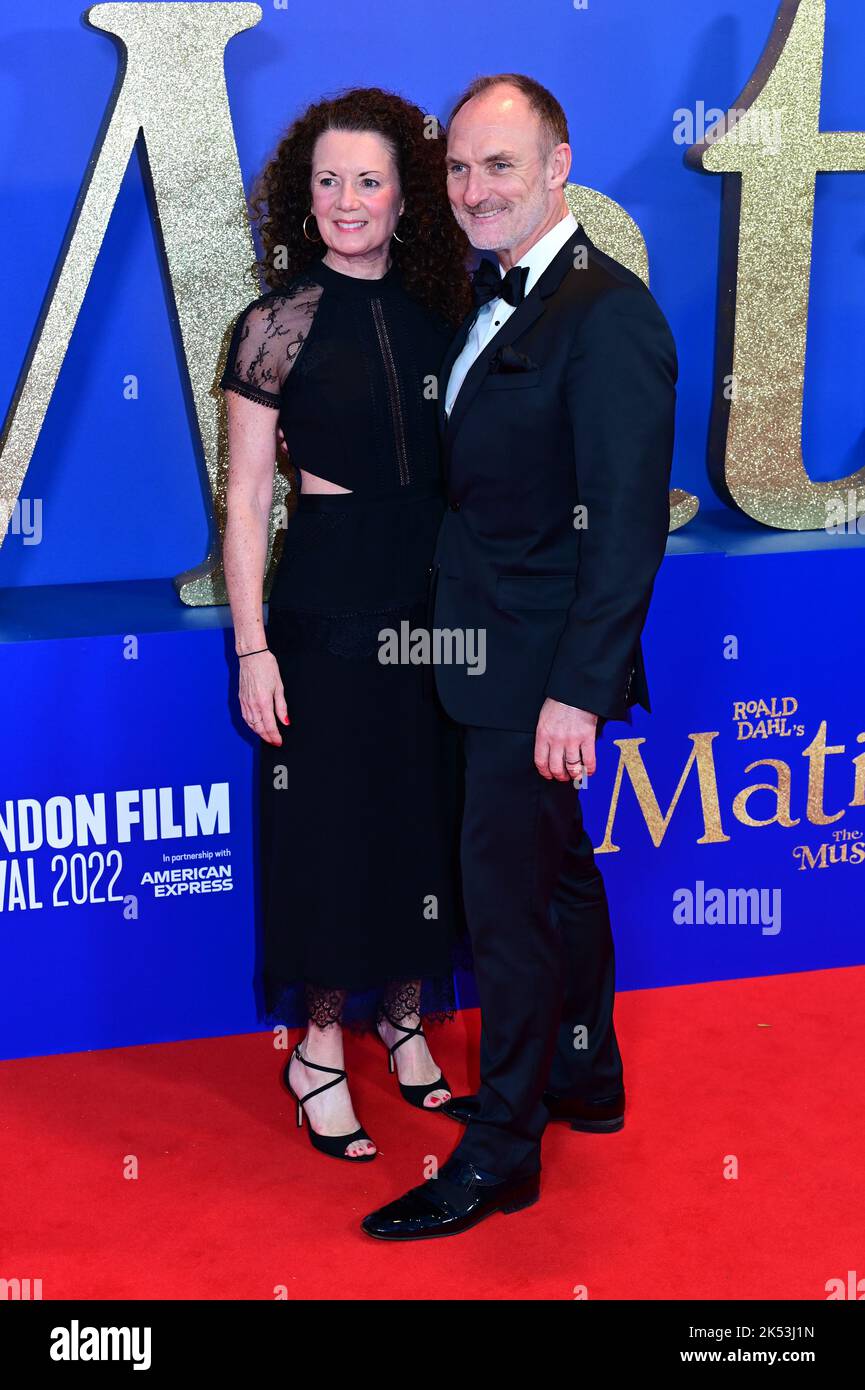 London, UK , 05/10/2022, Tyrone Walker-Hebborn and wife Caroline Arrive at the Cast and filmmakers attend the BFI London Film Festival press conference for Roald Dahl’s Matilda The Musical, released by Sony Pictures in cinemas across the UK & Ireland on November 25th -  5th October 2022, London, UK. Stock Photo