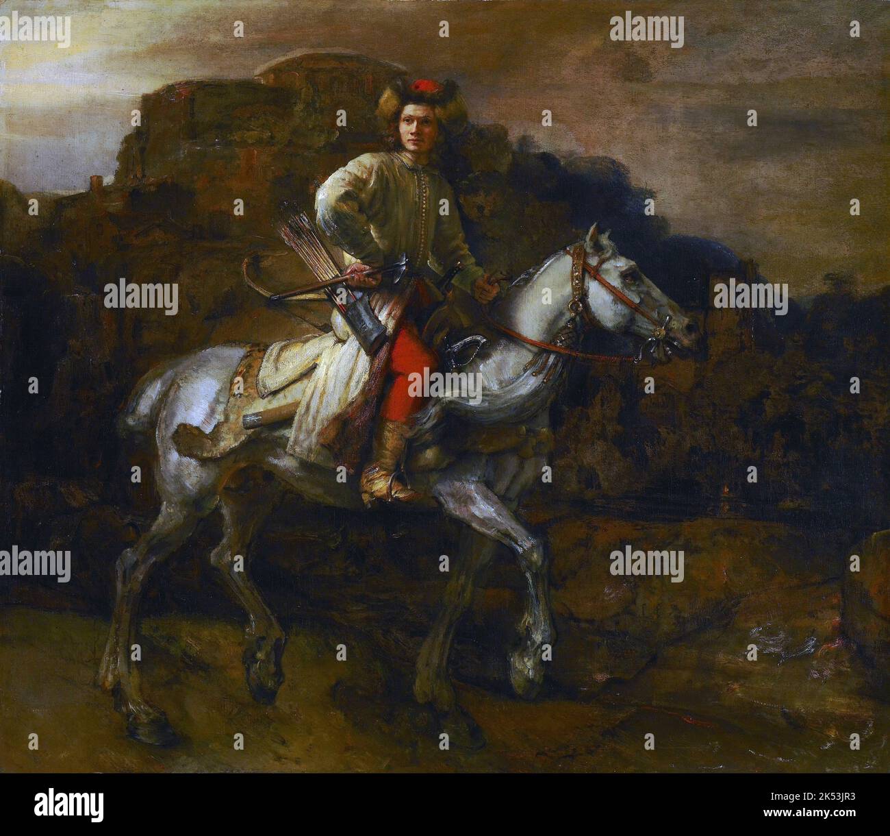 The Polish Rider – Possibly a Lisowczyk on horseback, Painting by Rembrandt Stock Photo