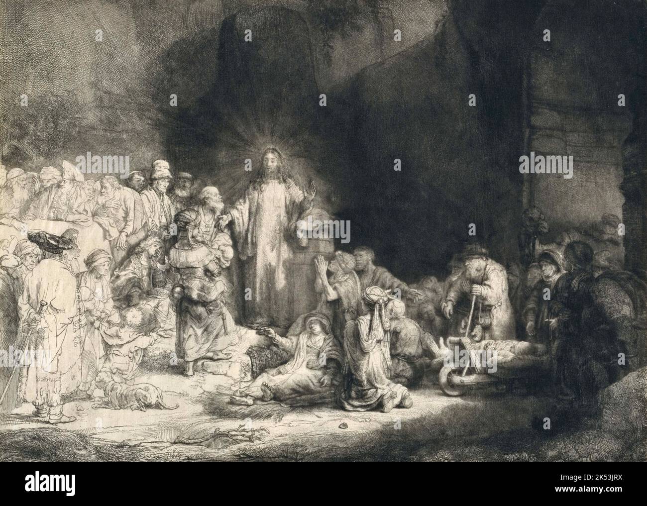 The Hundred Guilder Print is an etching by Rembrandt. The etching's popular name derives from the large sum of money supposedly once paid for an example. It is also called Christ healing the sick, Christ with the Sick around Him, Receiving Little Children, or Christ preaching Stock Photo