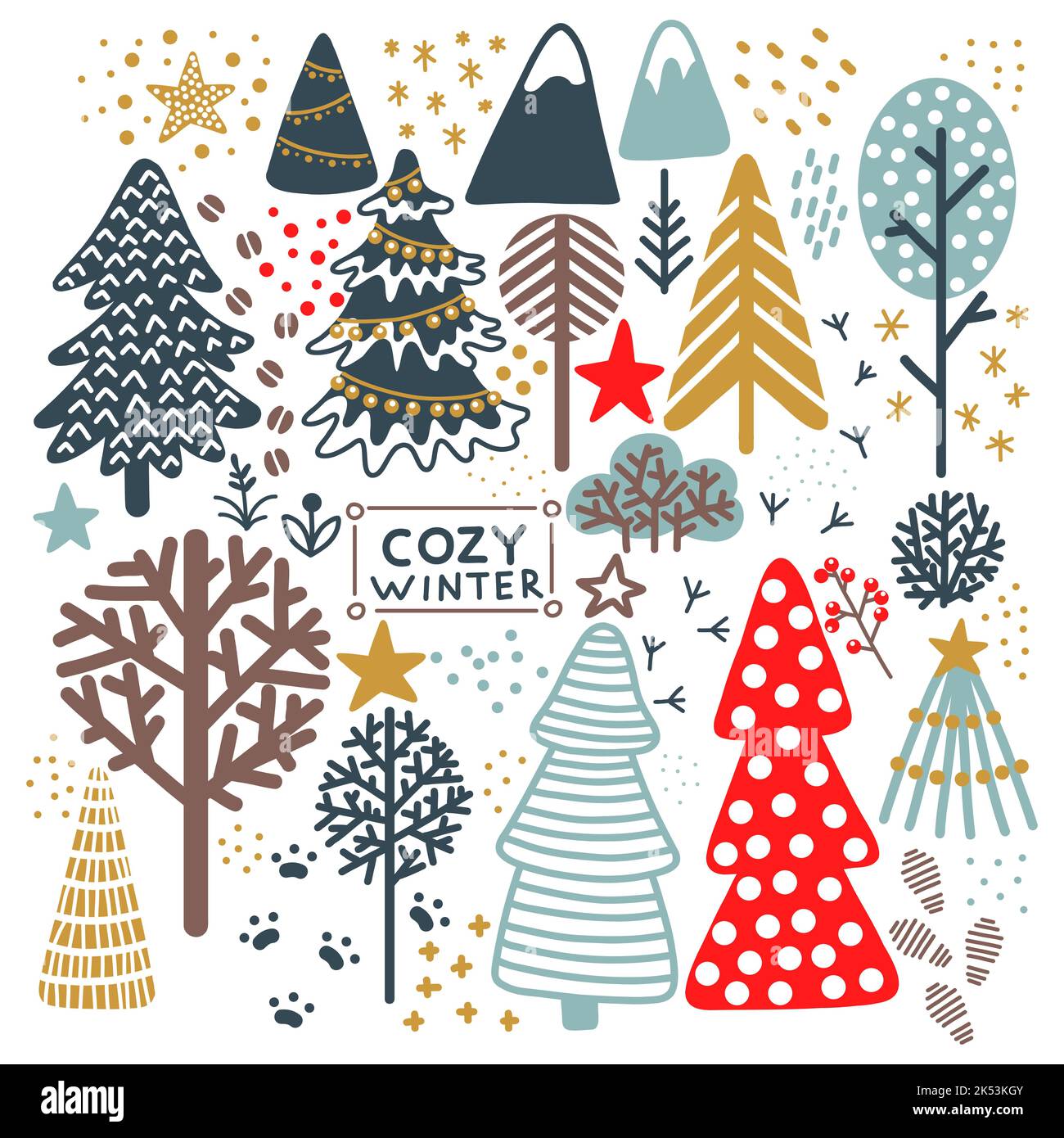 Set of cute and cozy isolated Christmas trees with animal tracks and ...