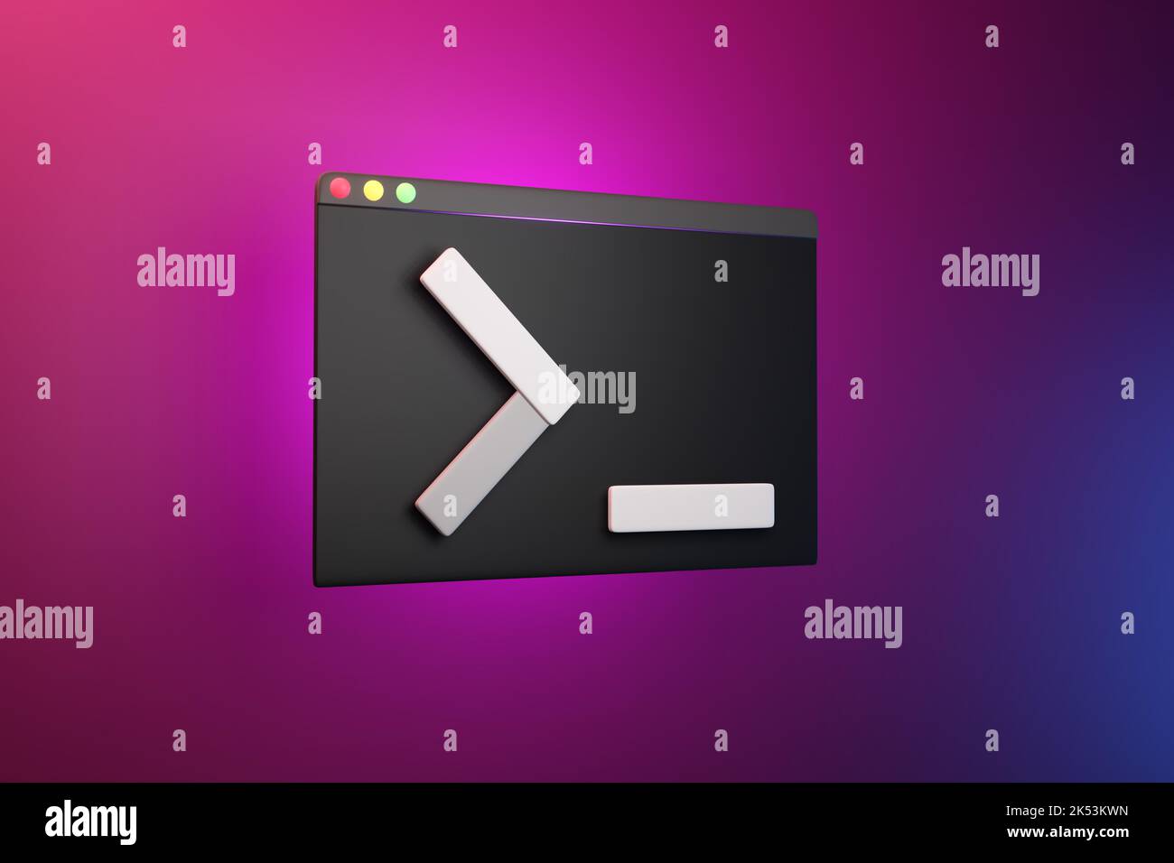 Computer terminal showing the prompt and cursor. Illustration of the concept of computer commands, programming languages, scripting and IT maintenance Stock Photo