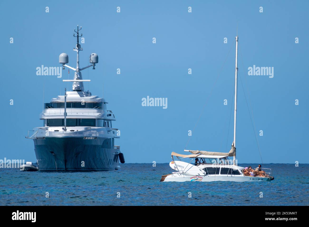 Grey yacht Regina d'Italia anchored in Formentera Stock Photo