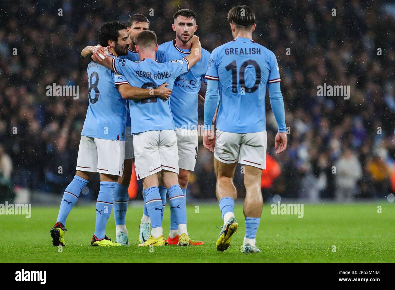 Manchester, UK. 05th Oct, 2022. Manchester City celebrate during the UEFA Champions League match between Manchester City and F.C. Copenhagen at the Etihad Stadium, Manchester, England on 5 October 2022. Photo by Ben Wright. Editorial use only, license required for commercial use. No use in betting, games or a single club/league/player publications. Credit: UK Sports Pics Ltd/Alamy Live News Stock Photo