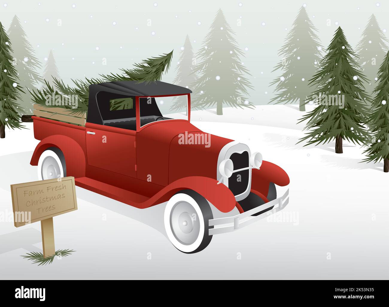 A vintage style pickup truck with a tree in the back on a Christmas tree lot Stock Vector