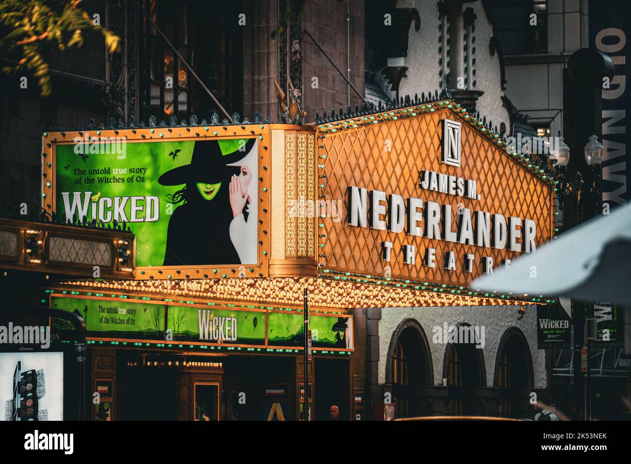 A view of the Nederlander theatre building with the Wicked