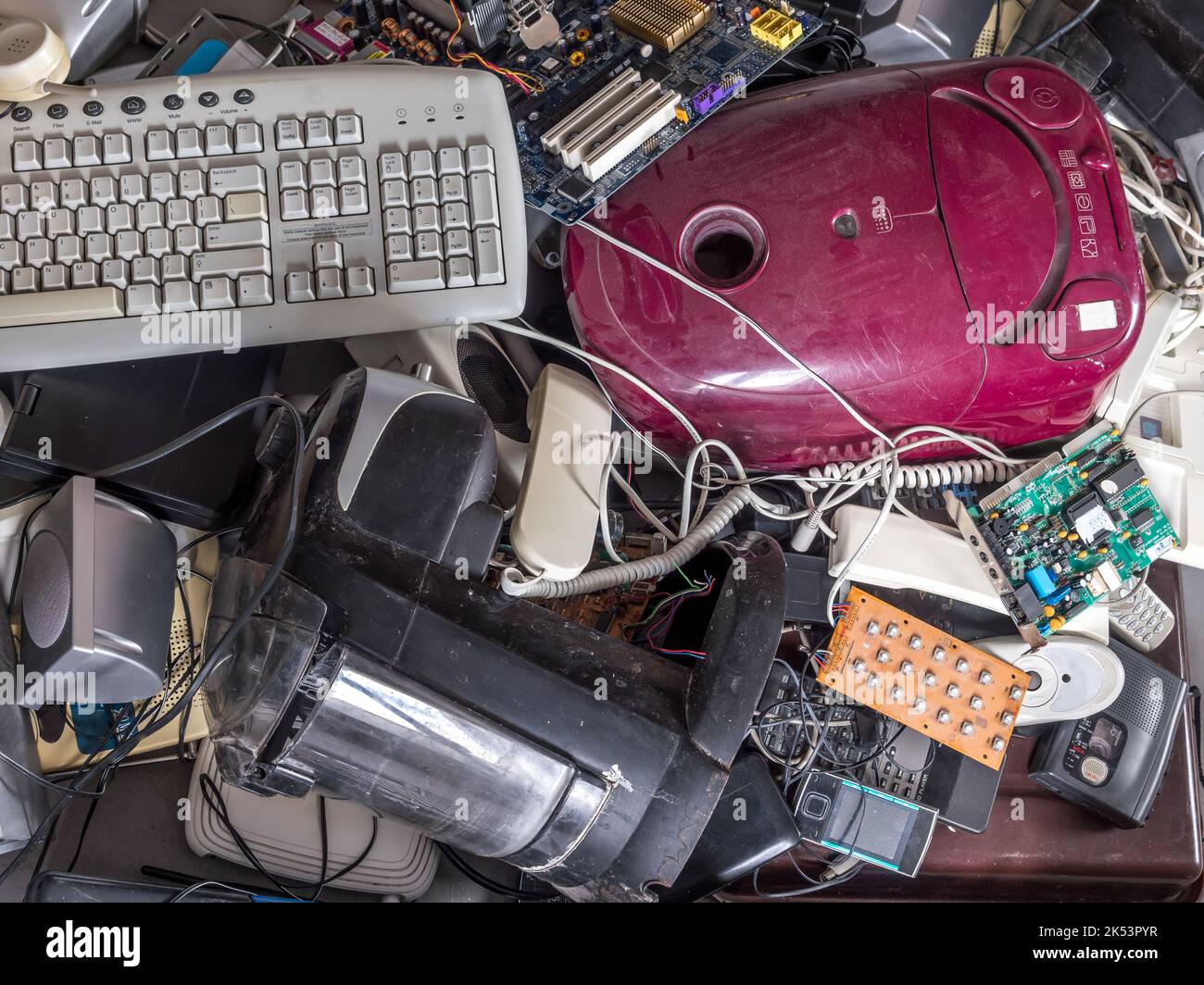 Full frame shot of old household products and electronic equipment trash Stock Photo
