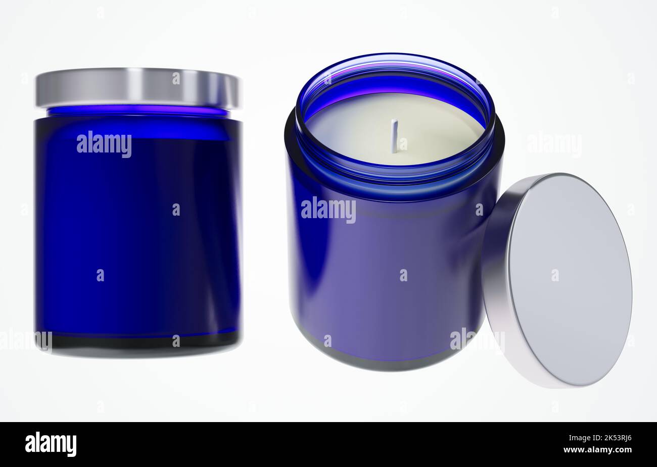 Aroma candle in blue glass jar with cotton wick and yellow gold lid 3D
