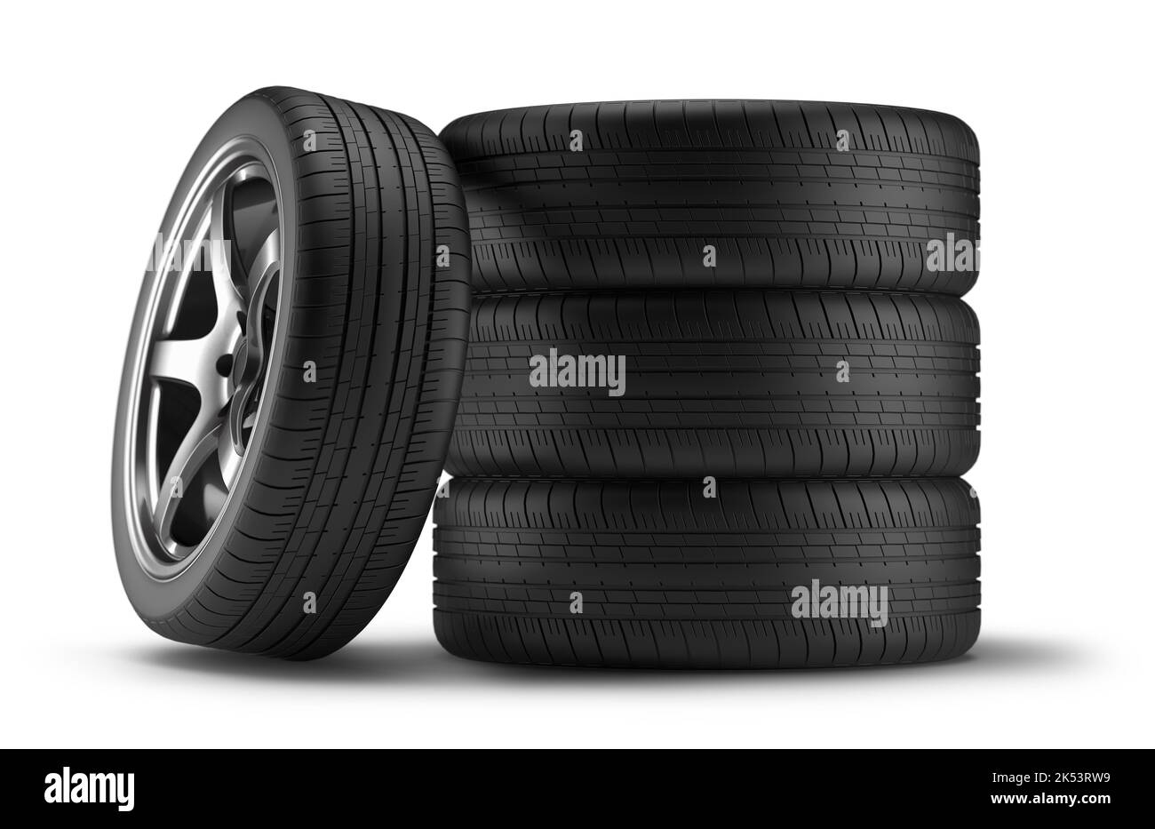 set of car tires and wheels isolated on a white background. 3d