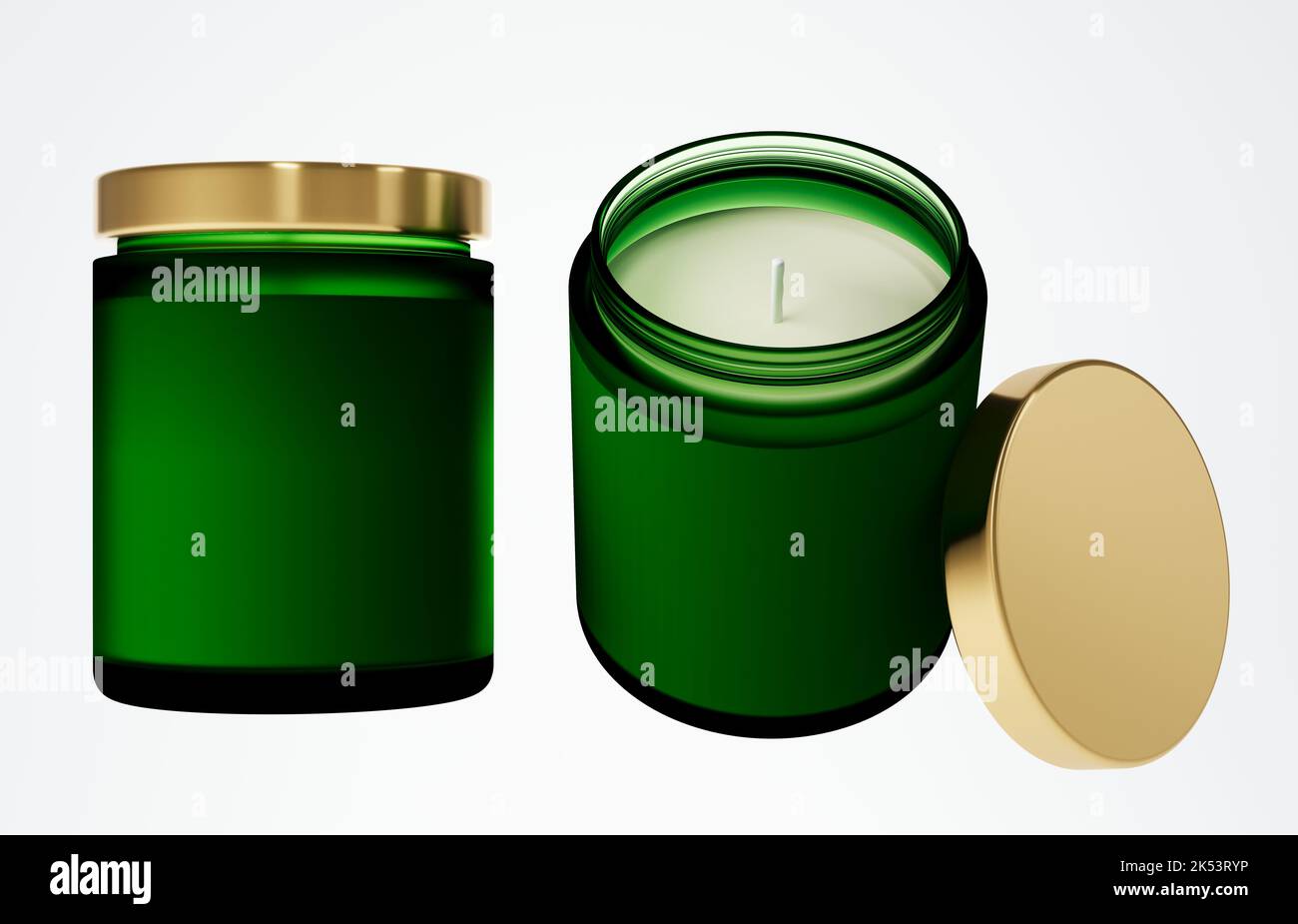 Aroma candle in green glass jar with cotton wick and yellow gold lid 3D