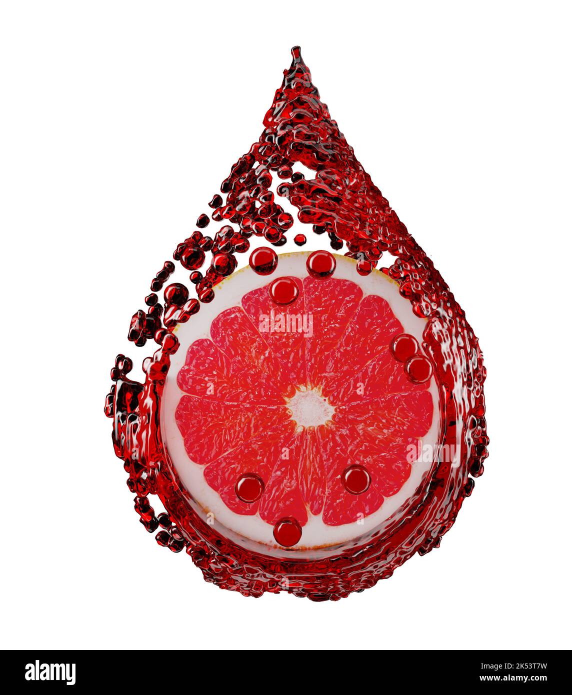 grapefruit in red juice splashing in the shape of drop with clipping