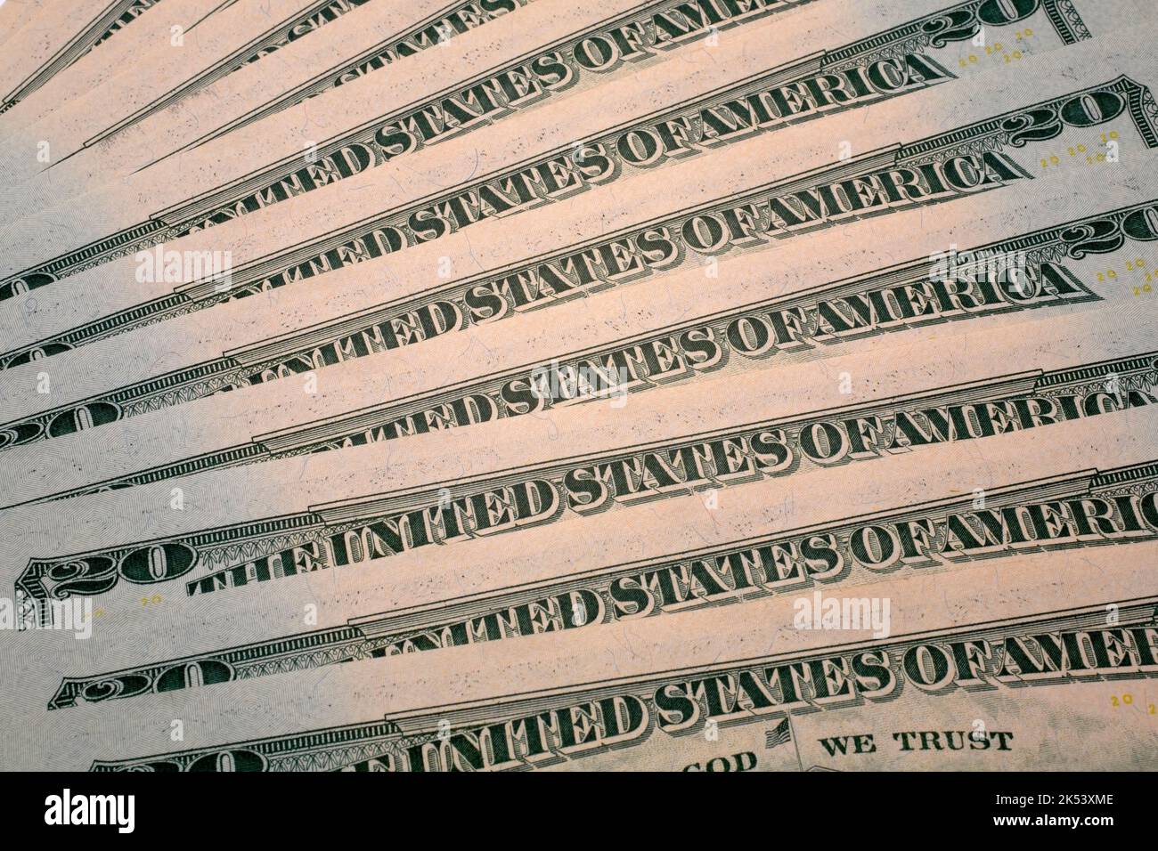Close-up of details on US twenty dollar bills. Stock Photo