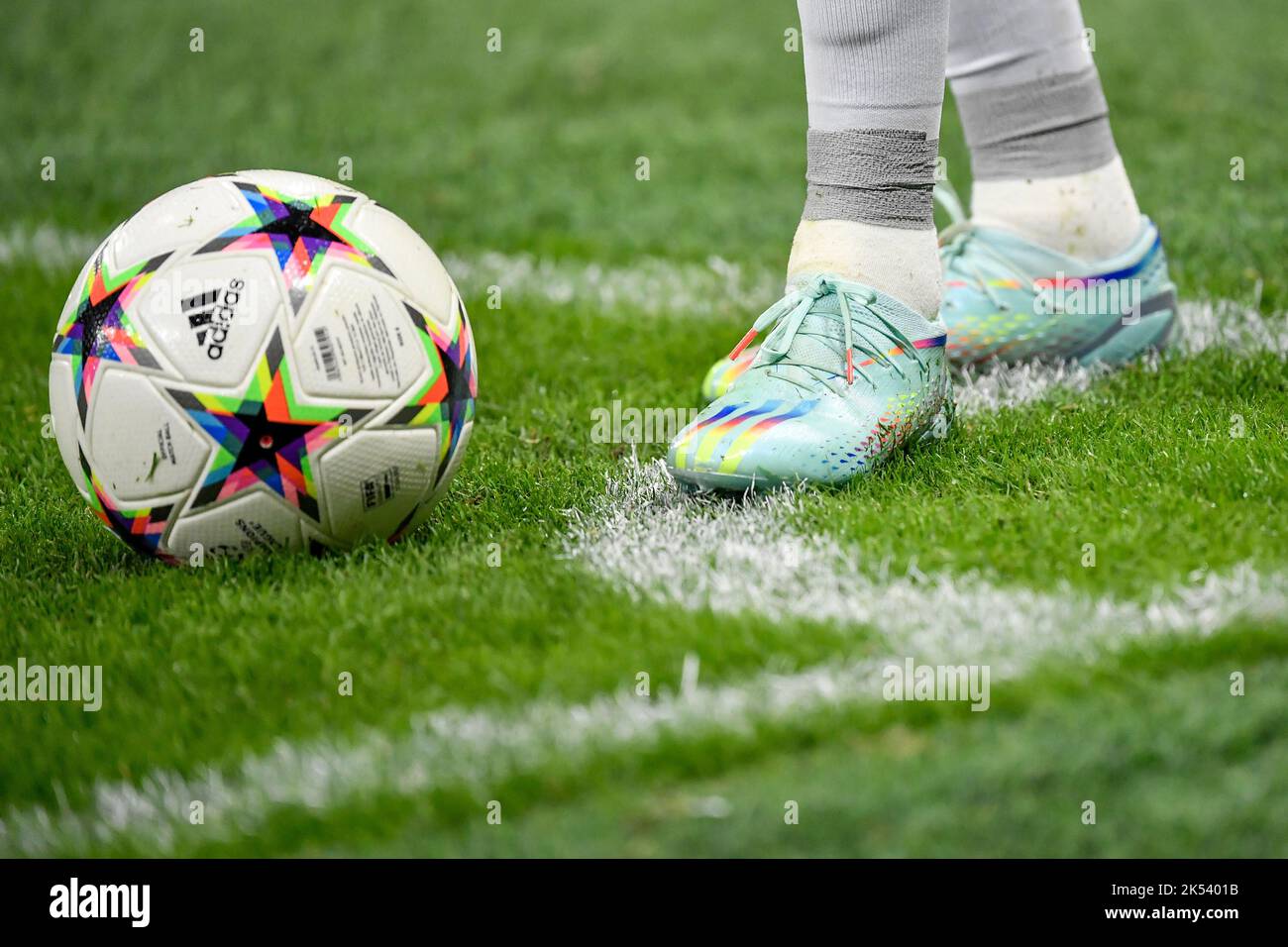 Adidas shoes Speedportal and the Pro Void ball are seen during the Champions League Group C football match between FC Internazionale and FCB Barcelona Stock Photo