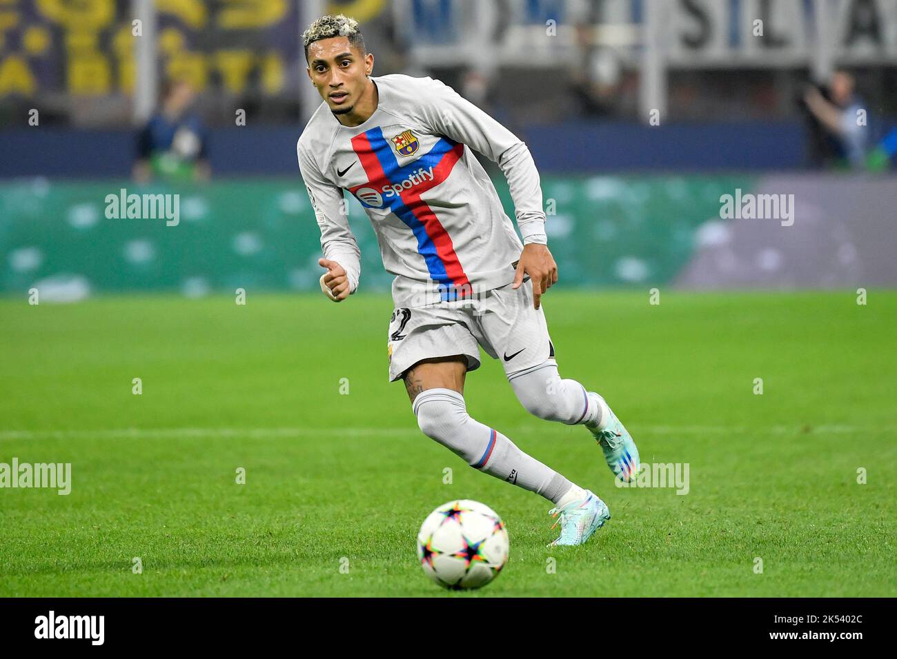 Raphael Dias Belloli aka Raphinha of Barcelona in action during the Champions League Group C football match between FC Internazionale and FCB Barcelon Stock Photo