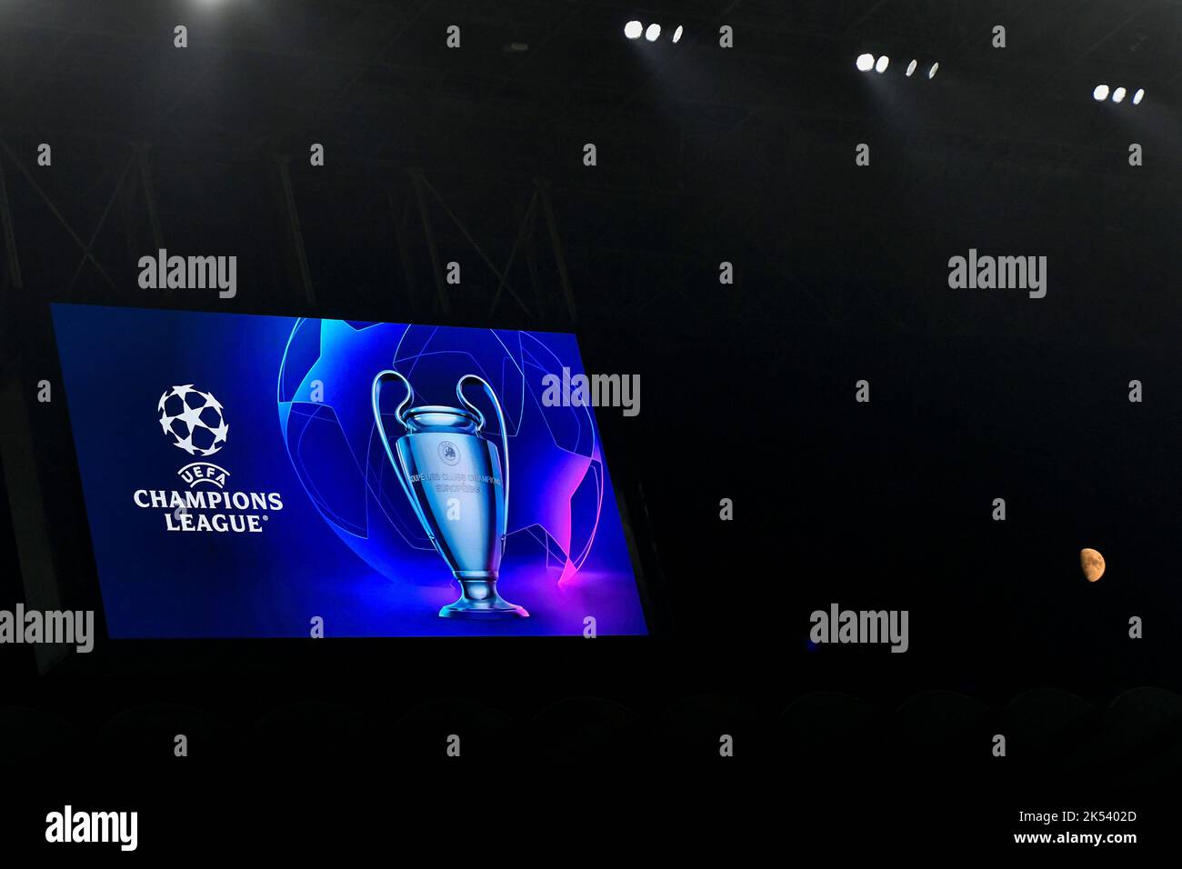 Champions league logo and trophy appear on the display  during the Champions League Group C football match between FC Internazionale and FCB Barcelona Stock Photo