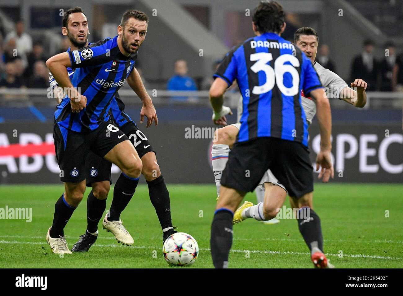 Stefan de Vrij of Fc Internazionale in action during the Champions League Group C football match between FC Internazionale and FCB Barcelona at San Si Stock Photo