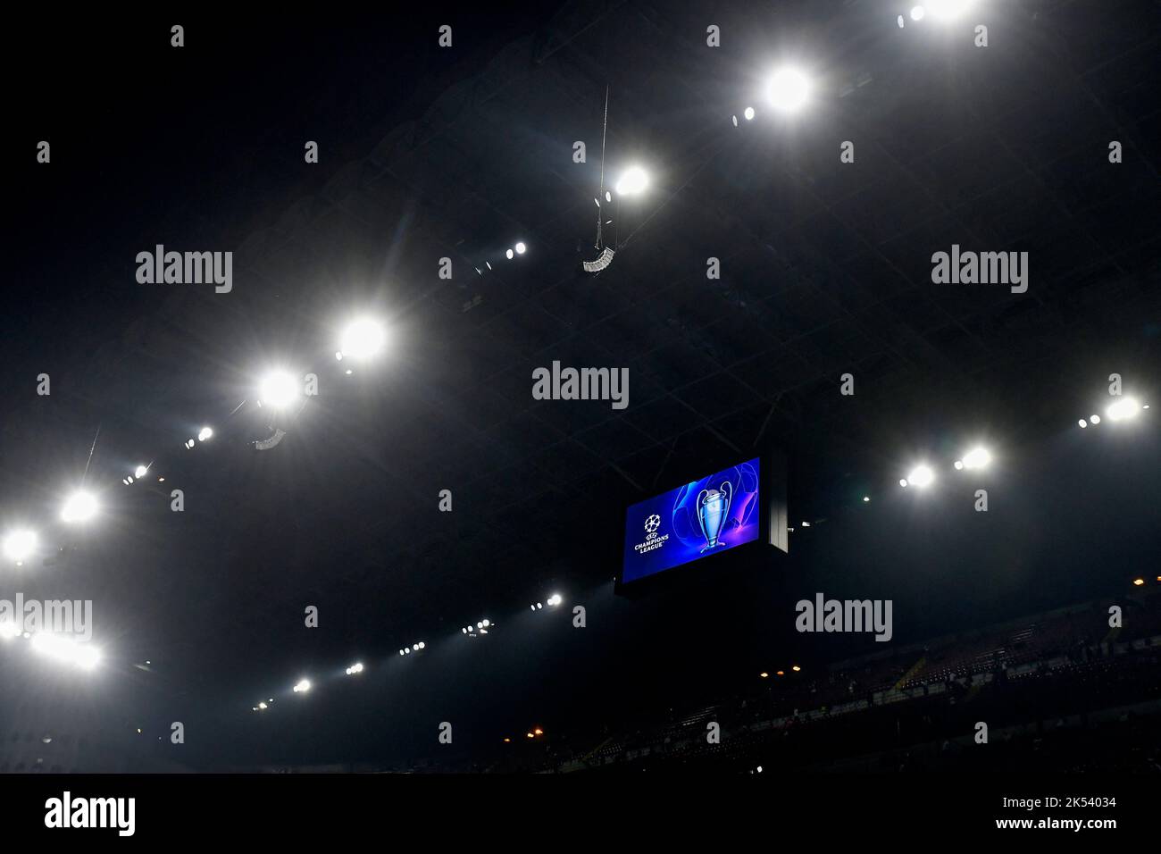 Champions league logo and trophy appear on the display  during the Champions League Group C football match between FC Internazionale and FCB Barcelona Stock Photo