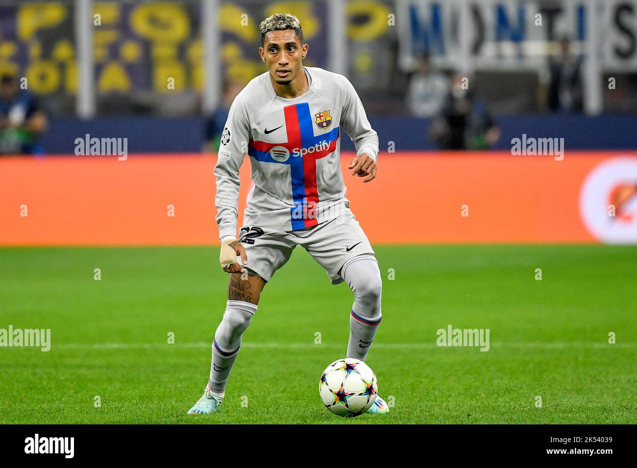 Raphael Dias Belloli aka Raphinha of Barcelona in action during the Champions League Group C football match between FC Internazionale and FCB Barcelon Stock Photo