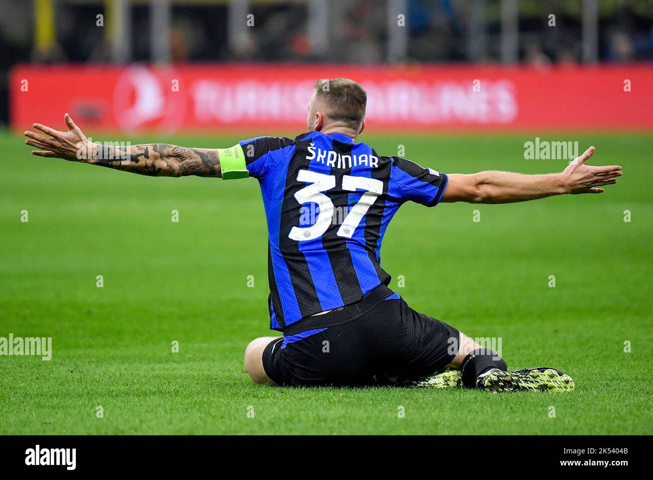 Milan Skriniar of Fc Internazionale reacts during the Champions League Group C football match between FC Internazionale and FCB Barcelona at San Siro Stock Photo