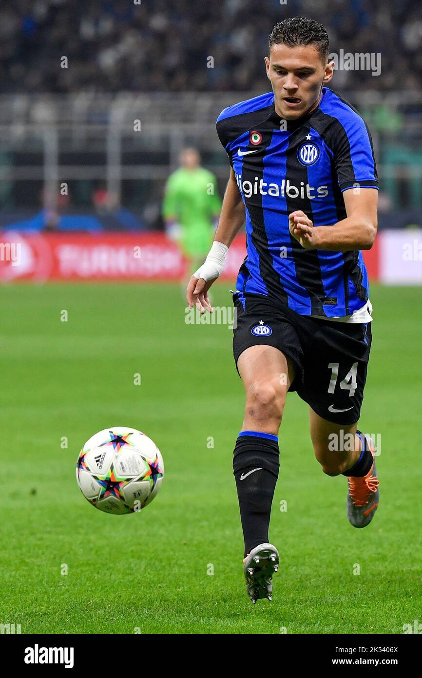 Kristjan Asllani of Fc Internazionale in action during the Champions League Group C football match between FC Internazionale and FCB Barcelona at San Stock Photo