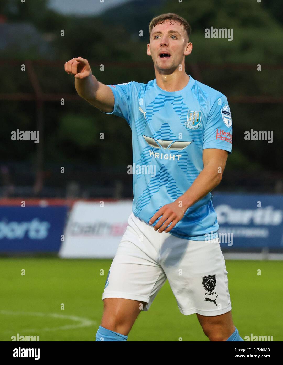 Ballymena Showgrounds, Ballymena, County Antrim, Northern Ireland, UK. 23 Aug 2022. Danske Bank Premiership – Ballymena United 1 Cliftonville 2. Ballymena United player Jack Henderson (14) in action during the Danske Bank Irish League game. Stock Photo