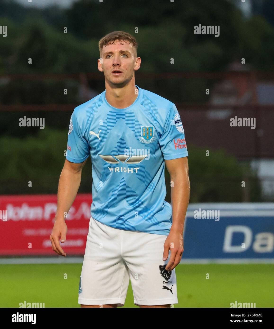 Ballymena Showgrounds, Ballymena, County Antrim, Northern Ireland, UK. 23 Aug 2022. Danske Bank Premiership – Ballymena United 1 Cliftonville 2. Ballymena United player Jack Henderson (14) in action during the Danske Bank Irish League game. Stock Photo