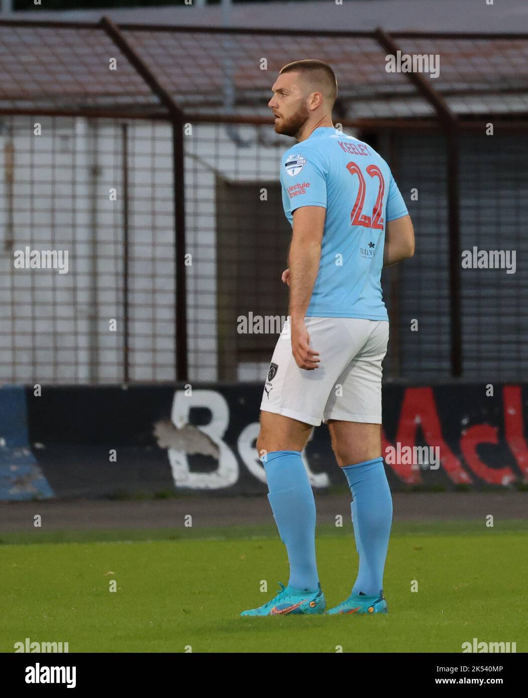 Ballymena Showgrounds, Ballymena, County Antrim, Northern Ireland, UK. 23 Aug 2022. Danske Bank Premiership – Ballymena United 1 Cliftonville 2. Ballymena United player Conor Keeley (22) in action during the Danske Bank Irish League game. Stock Photo