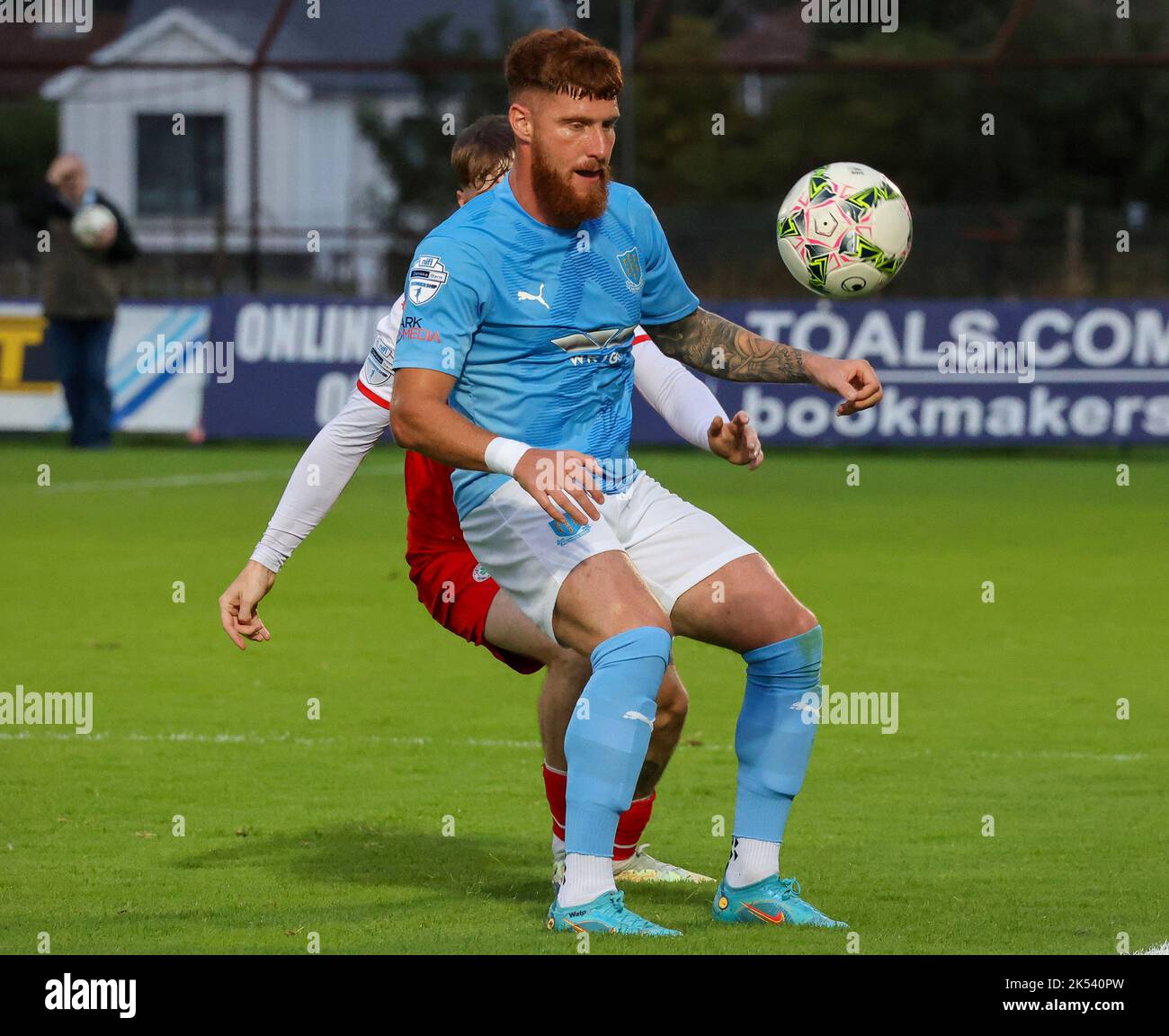 Ballymena Showgrounds, Ballymena, County Antrim, Northern Ireland, UK. 23 Aug 2022. Danske Bank Premiership – Ballymena United 1 Cliftonville 2. Ballymena United player Kym Nelson (2) in action during the Danske Bank Irish League game. Stock Photo