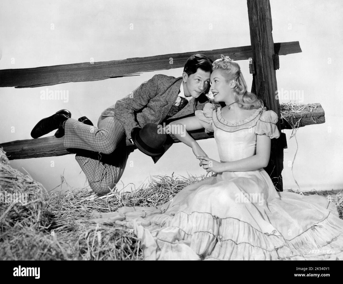 Donald O'Connor, Penny Edwards, on-set of the Film, 'Feudin', Fussin' and A-Fightin'', Universal Pictures, 1948 Stock Photo