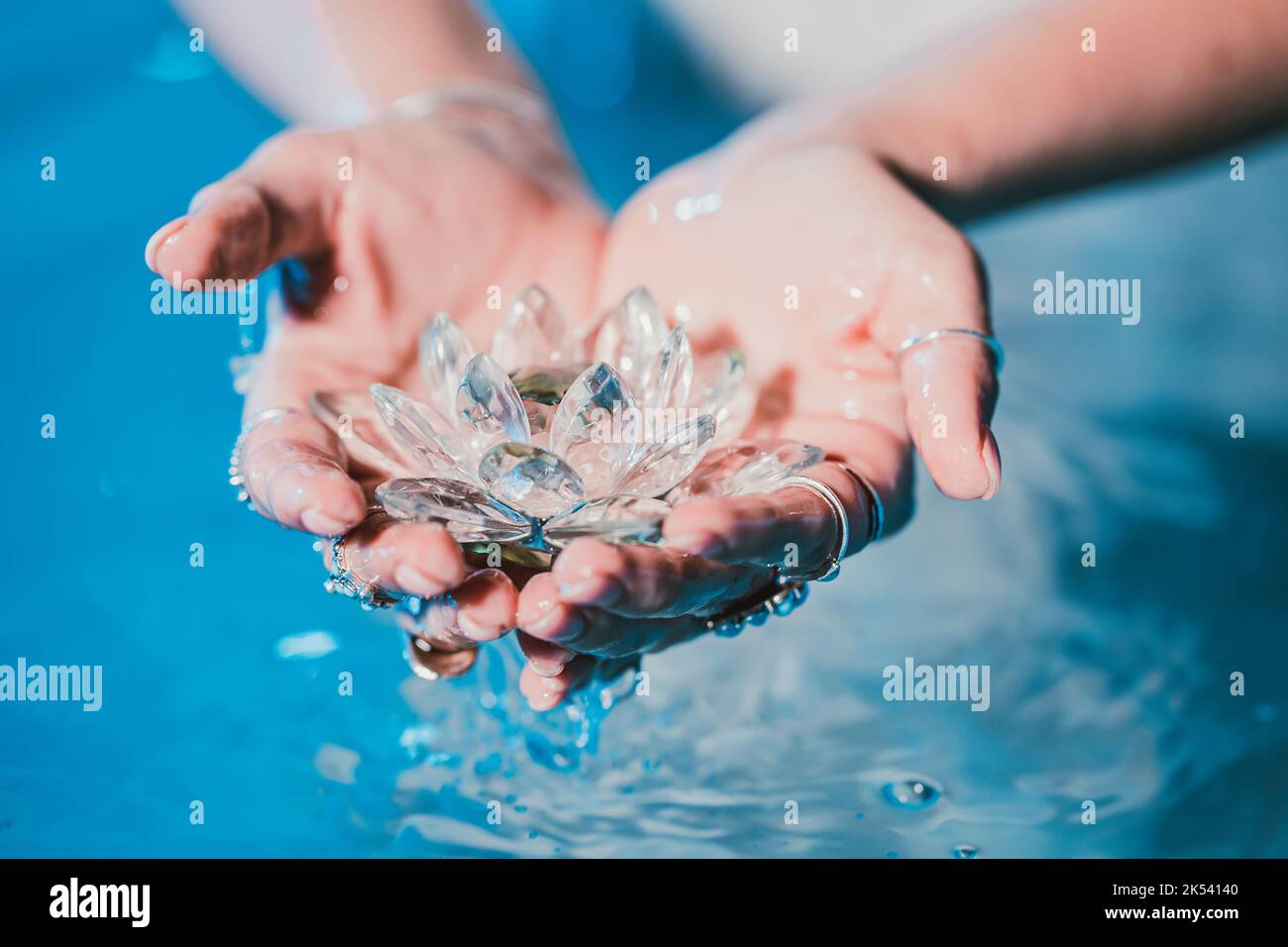 Woman holding fragile lotus flower. Clean water drops are dripping from