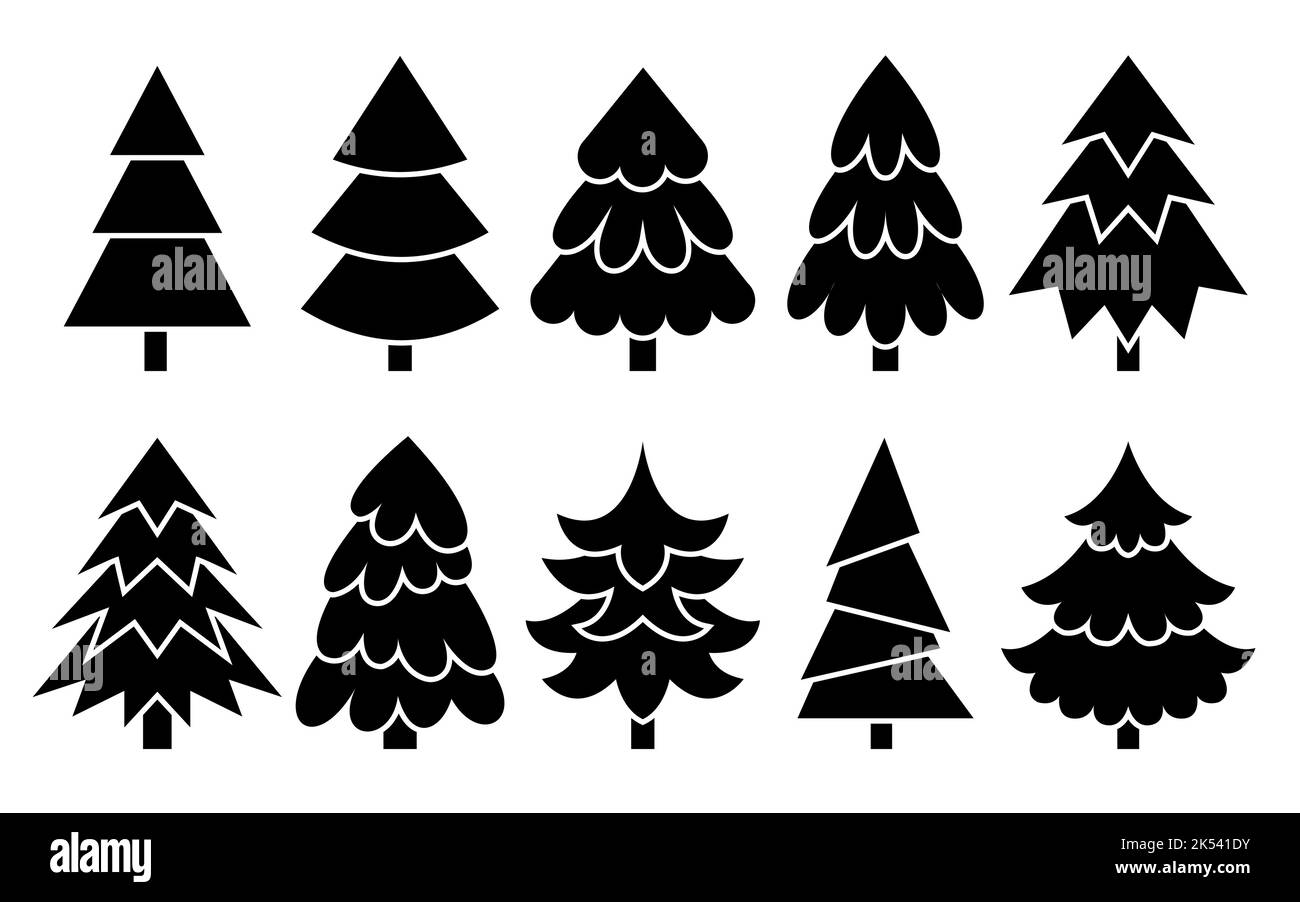 Christmas tree black glyph icon set. New Year traditional party decoration sign. Merry xmas silhouette symbol. Winter holiday pine forest, fir, spruise flat silhouette for stencil stamp laser cutting Stock Vector