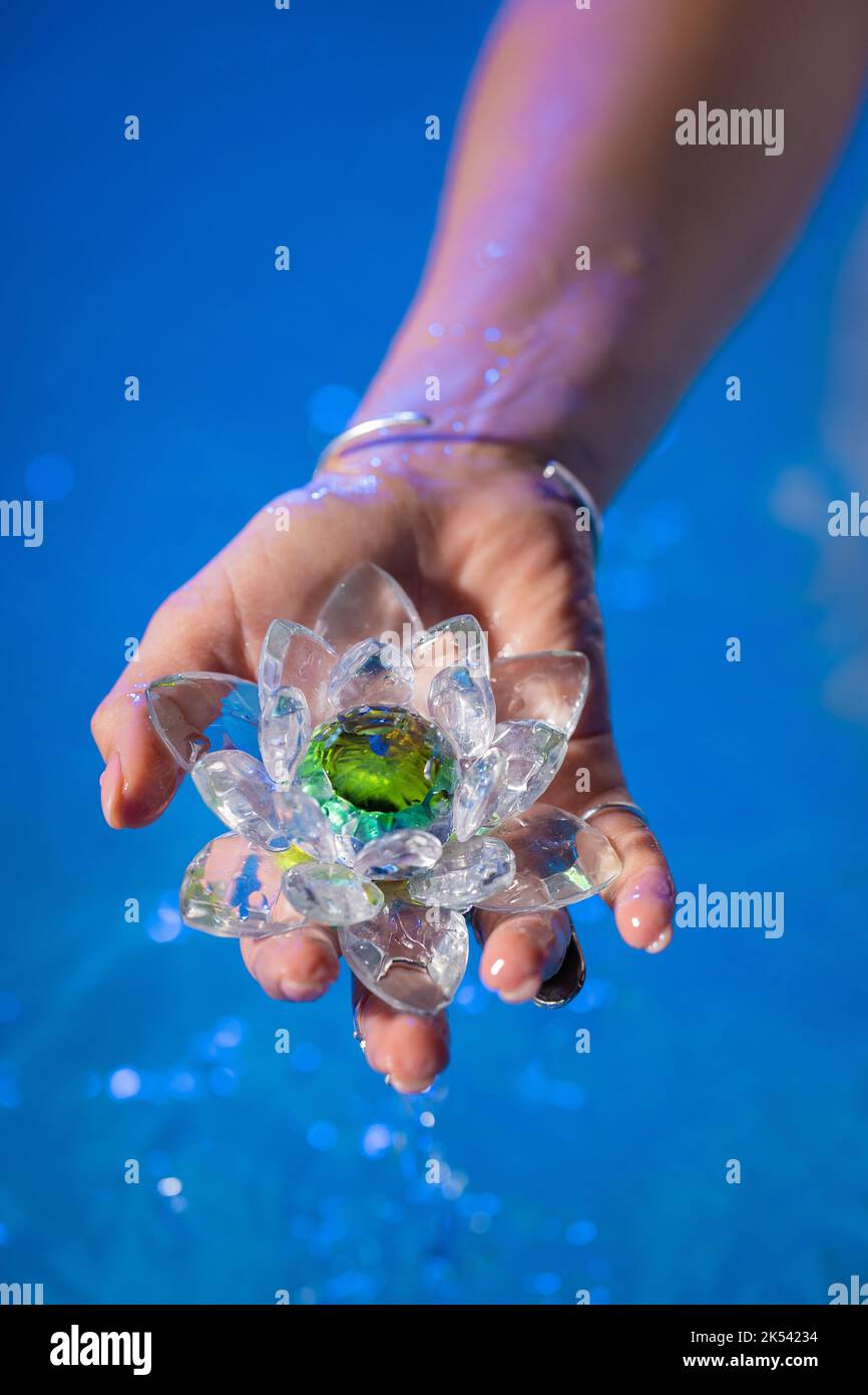 Woman holding fragile lotus flower. Clean water drops are dripping from