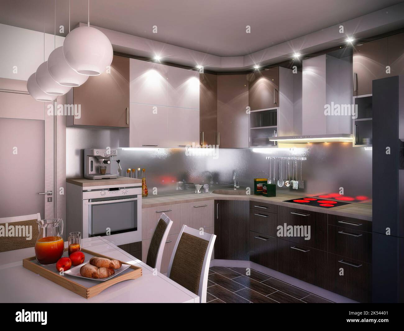 3d render of a modern kitchen in an city apartment. Kitchen interior ...