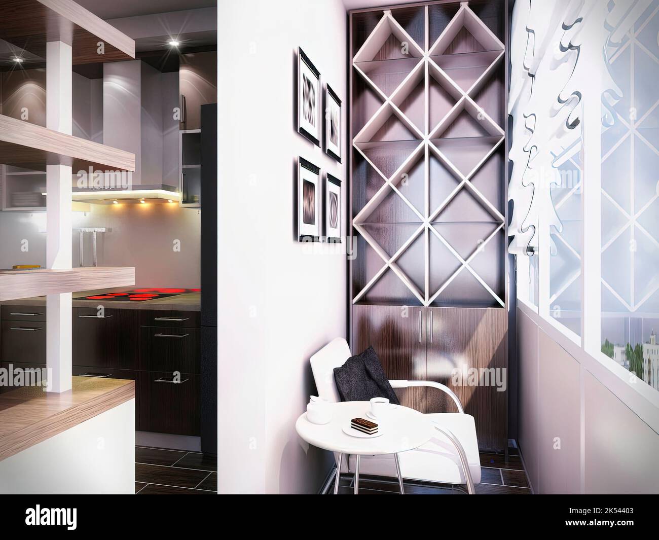 3d render of a modern kitchen in an city apartment. Kitchen interior ...
