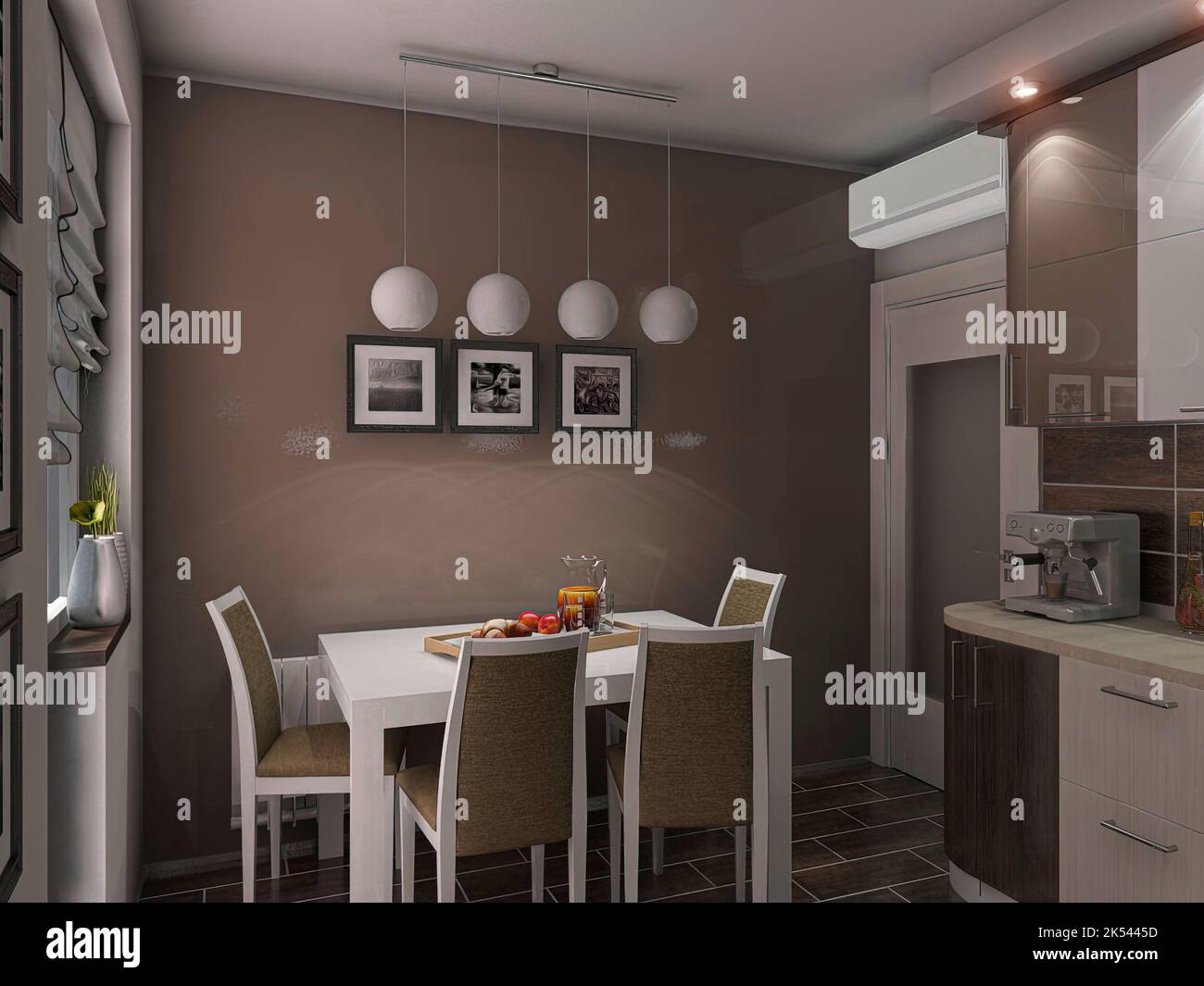 3d render of a modern kitchen in an city apartment. Kitchen interior ...
