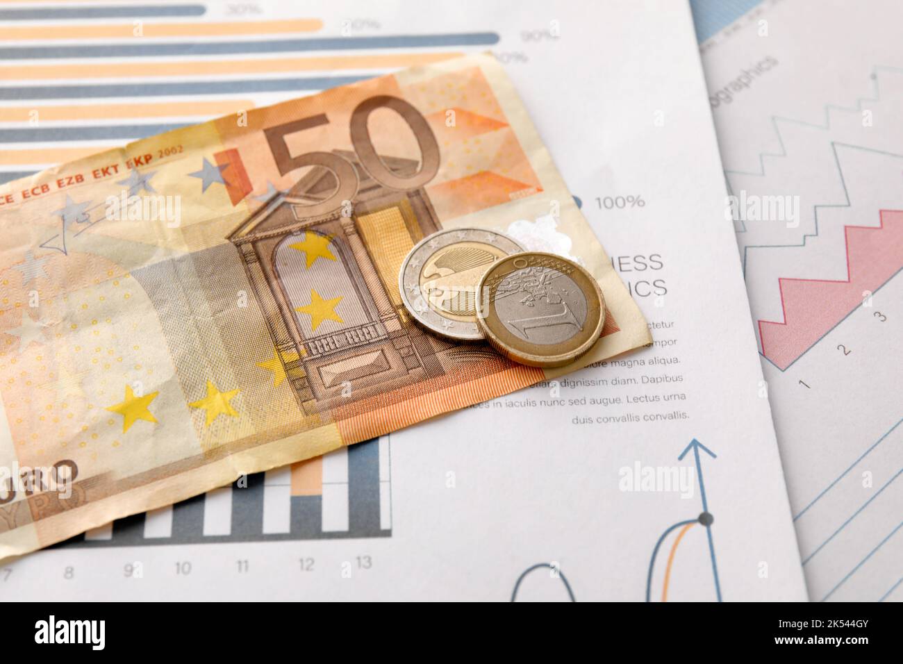 Euro banknote with coins on diagrams, closeup. Exchange rate concept ...