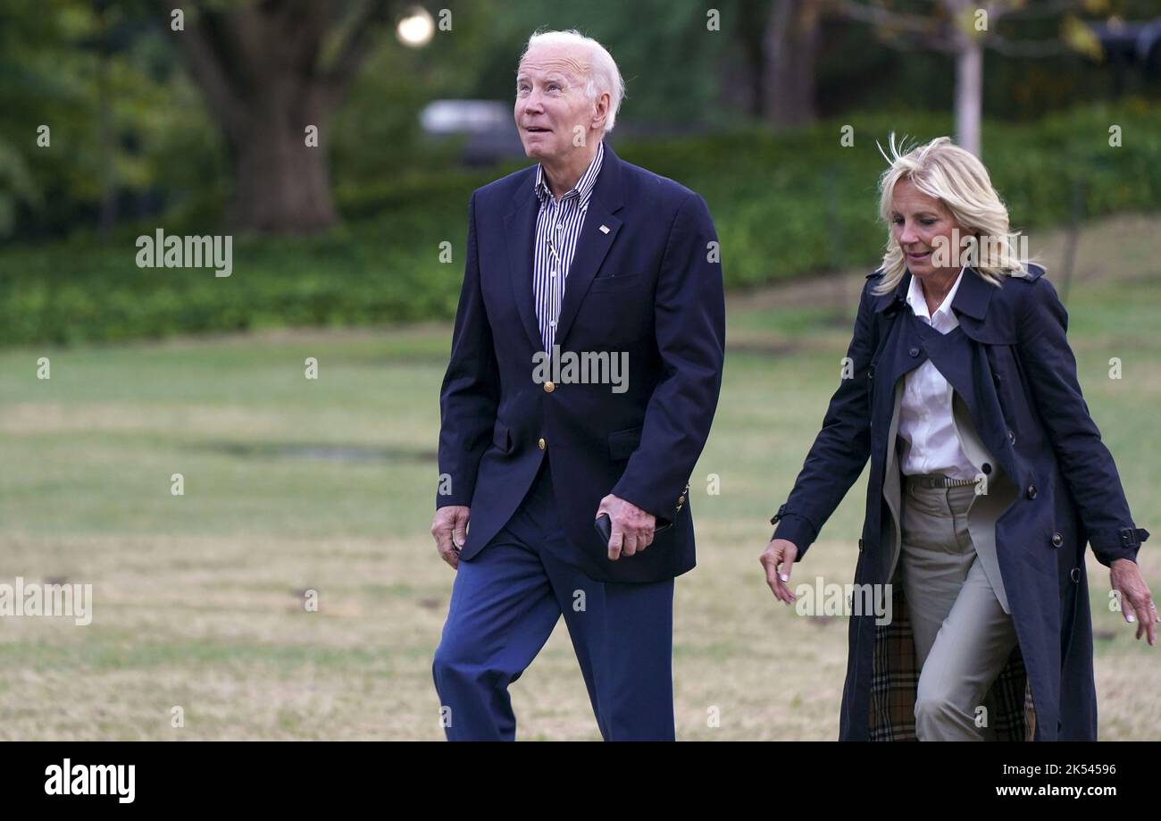 Washington, United States. 05th Oct, 2022. President Joe Biden and First Lady Dr. jill Biden return to the White House after visiting Fort Myers, Florida on Wednesday, October 5, 2022. The President and First Lady will surveyed storm-ravaged areas and received a briefing on current response and recovery efforts. Photo by Leigh Vogel/UPI Credit: UPI/Alamy Live News Stock Photo