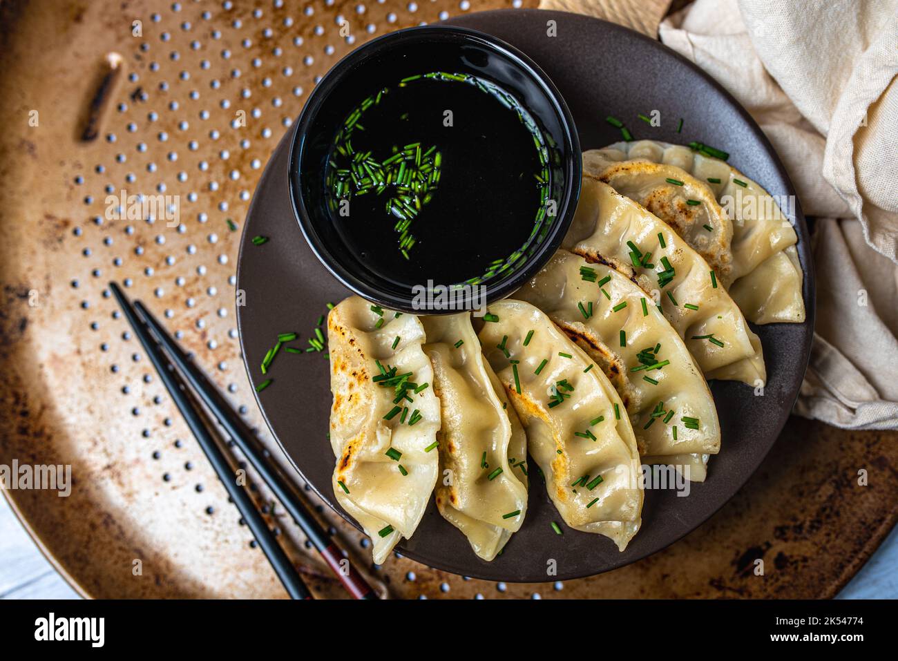 Homemade fried Asian potsticker dumpling appetizer. Gyzo Asian Pork