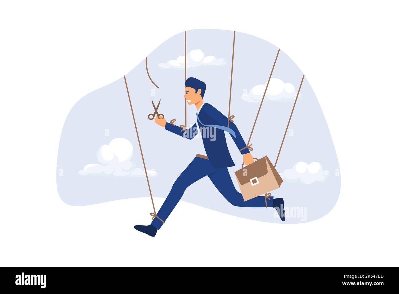 Freedom for work and decision making, authority to work independently, stop micromanagement, or people manipulation concept, businessman marionette, p Stock Vector