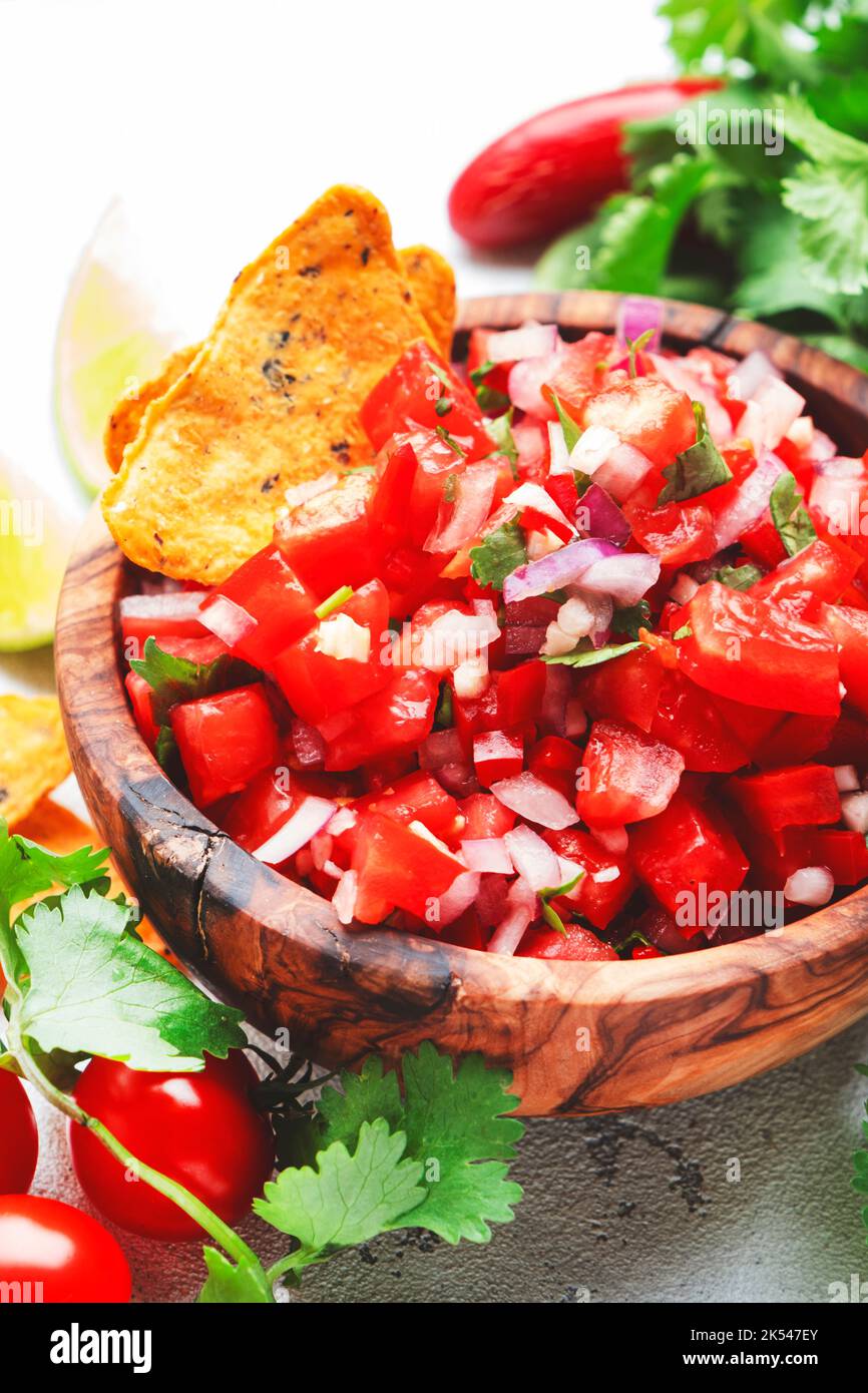 Mexican food. Spicy salsa sauce with tomatoes, chili peppers, onion ...