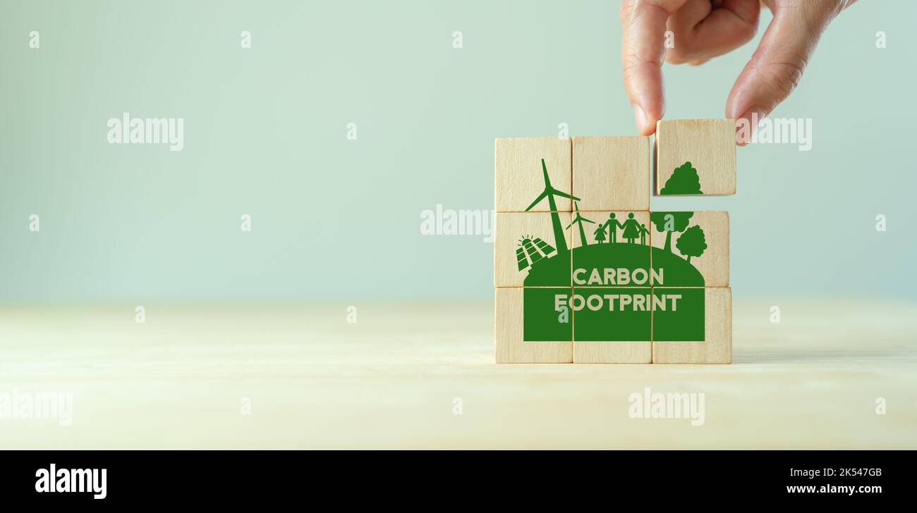Carbon Footprint, zero emission concept. Carbon ecological footprint symbols on wooden cubes with eco friendly icons. Sustainable development strategy Stock Photo