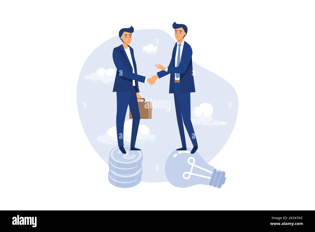 Idea pitching, fund raising and venture capital, selling business or merger agreement concept, entrepreneur businessman standing on lightbulb idea lam Stock Vector