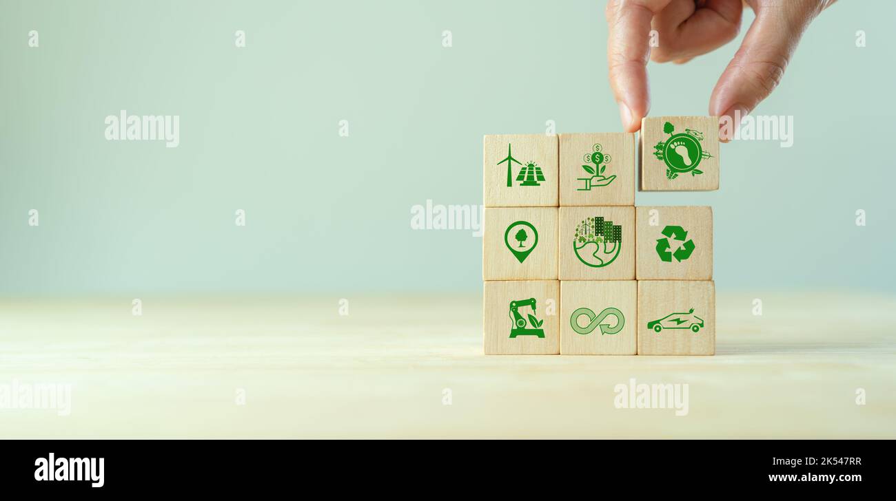 Carbon footprint, low carbon emission concept. Carbon ecological footprint symbols on wooden cube with eco friendly icon. Sustainable business develop Stock Photo