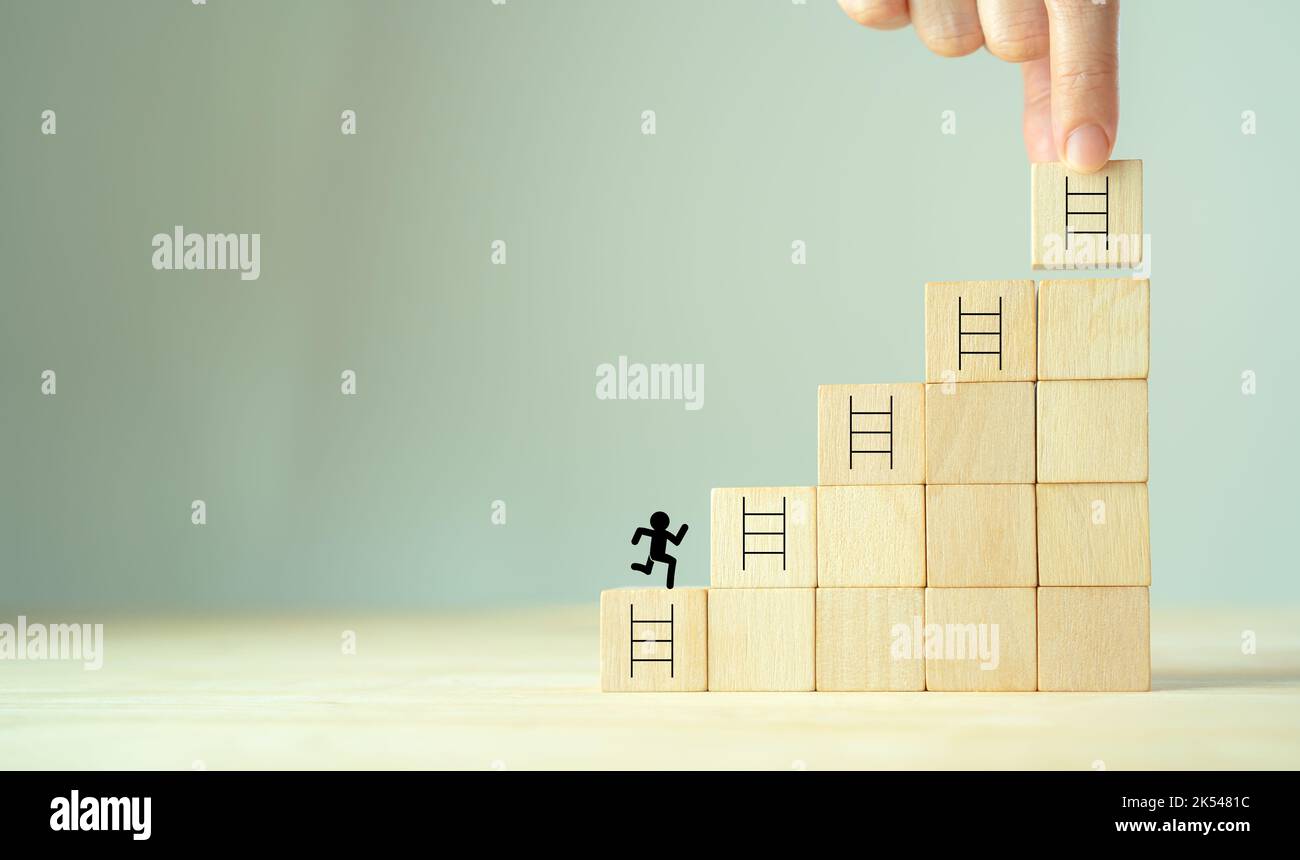 Image showcasing Strategies and success concept. Rises up stairs to goal, achieve ...