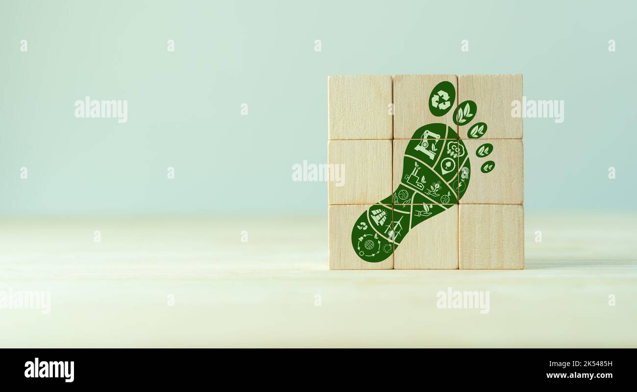 Carbon Footprint, zero emission concept. Carbon ecological footprint symbols on wooden cubes with eco friendly icons. Sustainable development strategy Stock Photo