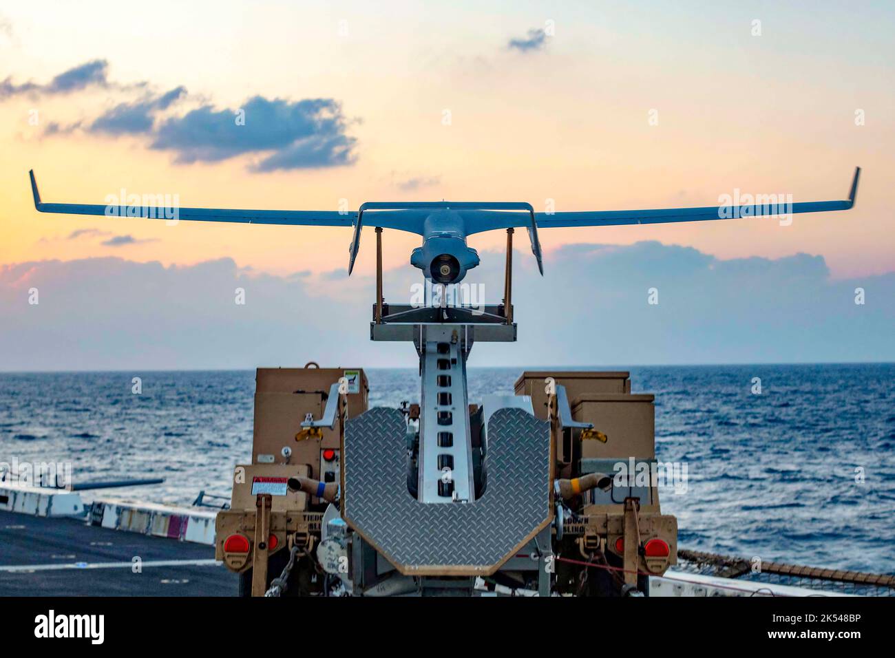 190329-N-HG389-0063 MEDITERRANEAN SEA (March 29, 2019) An RQ-21 Blackjack unmanned aerial vehicle launches from the flight deck of San Antonio-class amphibious transport dock ship USS Arlington (LPD 24), March 29, 2019. Arlington is deployed as part of the Kearsarge Amphibious Ready Group in support of maritime security operations, crisis response and theater security cooperation, while also providing a forward naval presence. (U.S. Navy photo by Mass Communication Specialist 2nd Class Brandon Parker/Released) Stock Photo