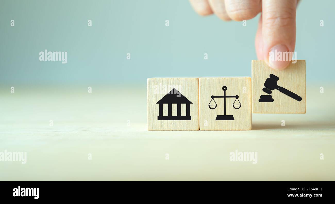 Wooden cube block shape with icon law legal justice. Law business and justice banner. Modern flat cube block design with court, scale and justice symb Stock Photo