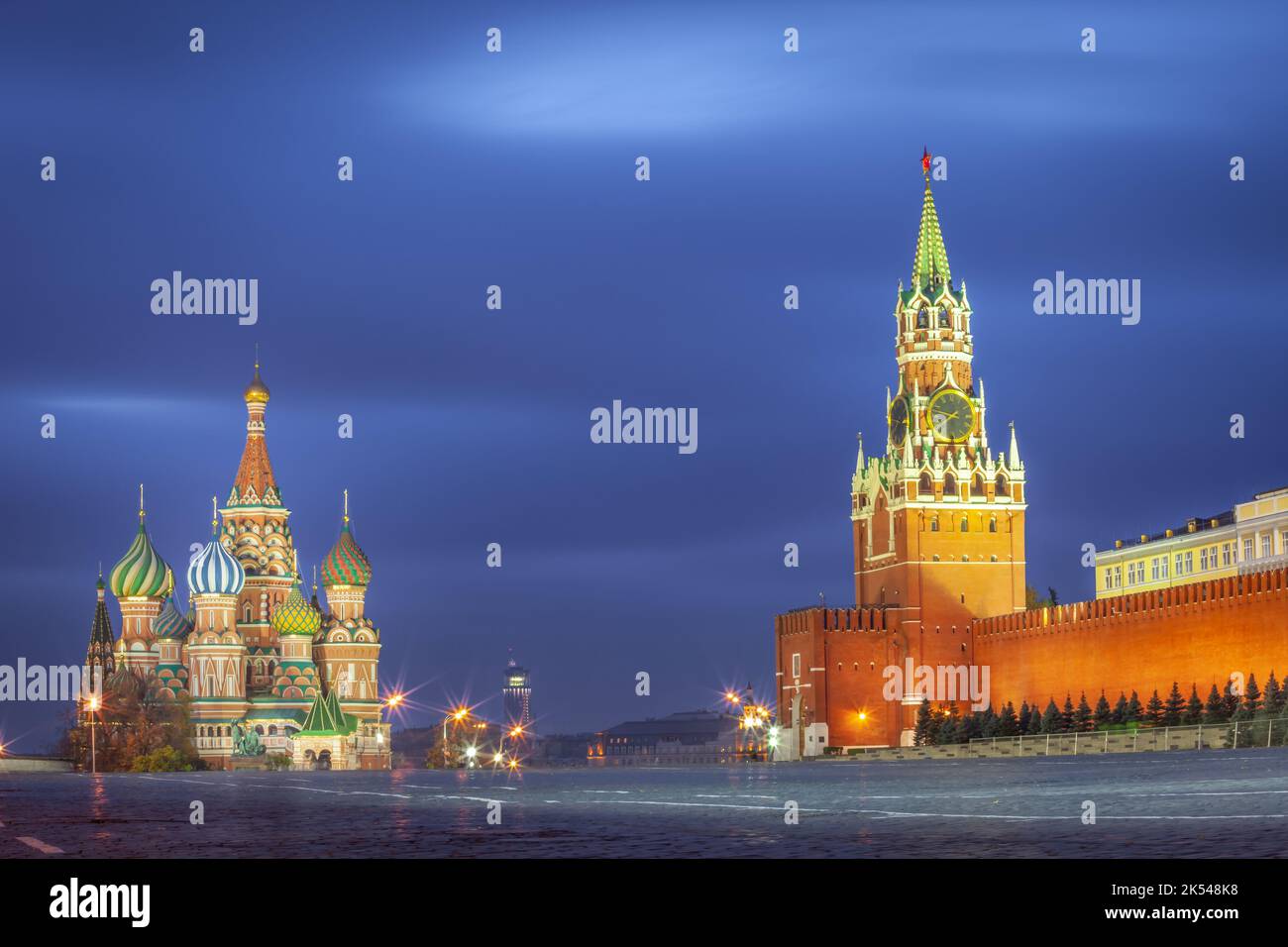 Kremlin and St. Basil's Cathedral at dramatic dawn, red square, Moscow, Russia Stock Photo