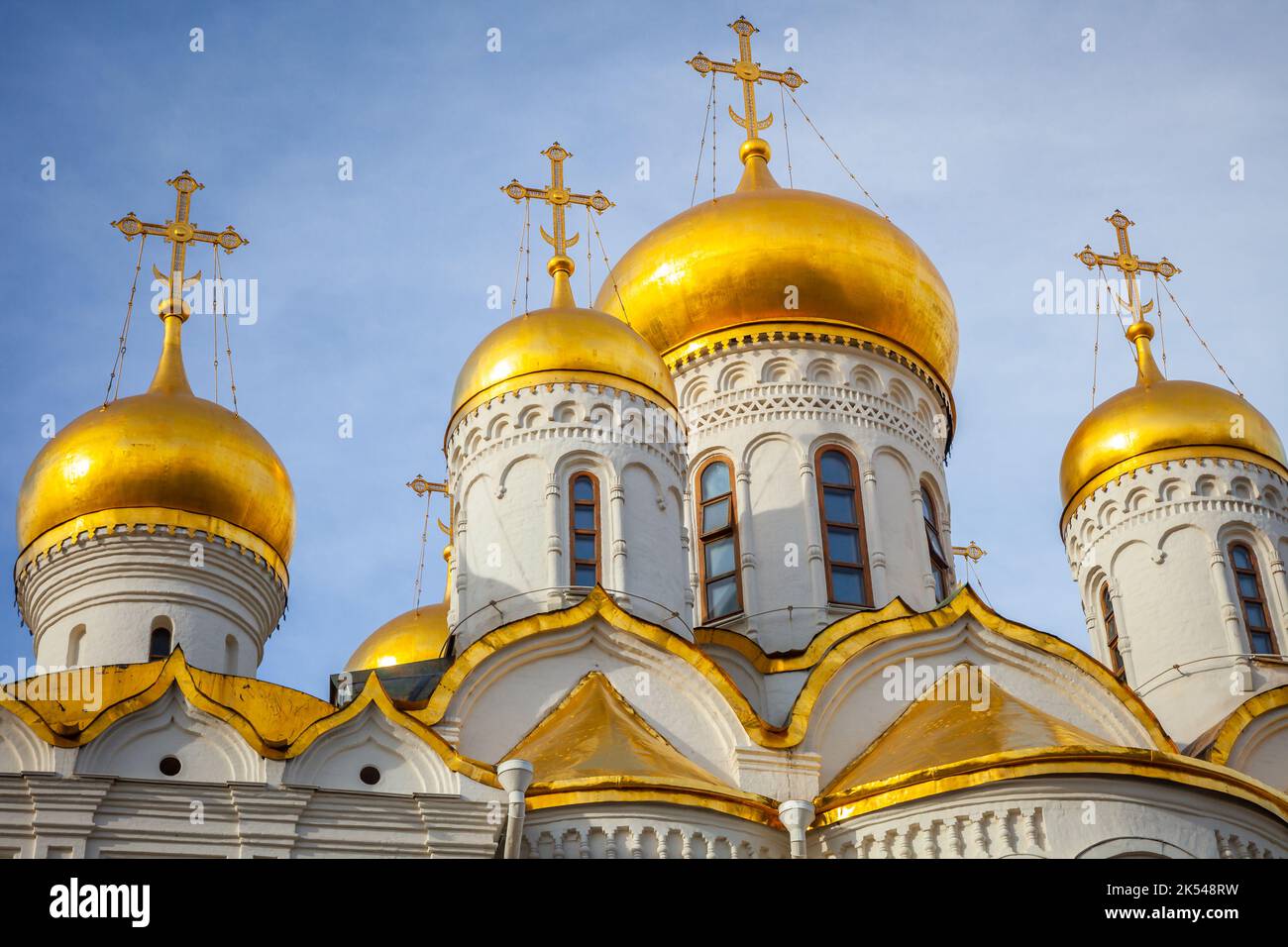 Kremlin cathedral with golden domes at peaceful sunrise, Moscow, Russia Stock Photo